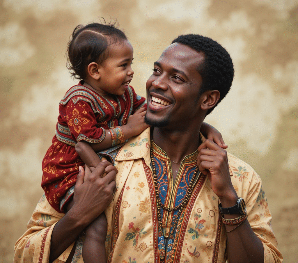 An Ethiopian father and son sharing a happy moment, symbolizing the patronymic naming tradition and family heritage.
